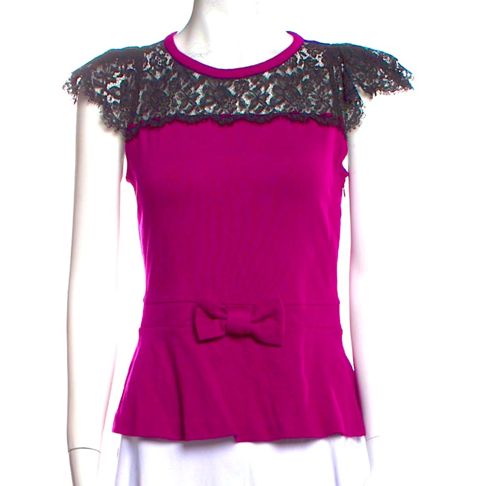 VINTAGE! Red Valentino Plum Blouse with Black Lace Trim — Purple/Plum, XS